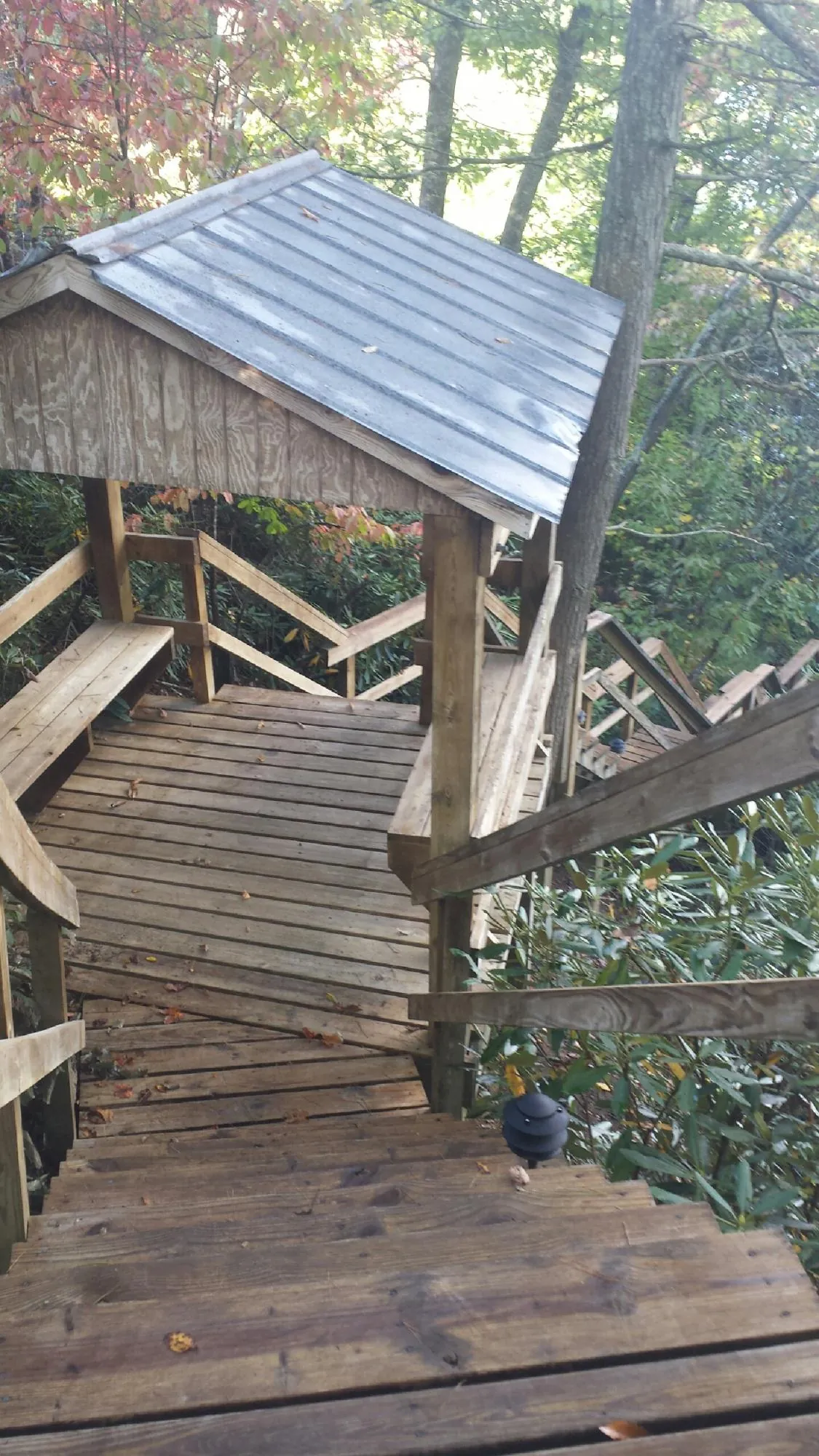 Metal roofed shelter over wooden steps on a wooded walkway — Skylight Repair & Installation work by our crew in Gibbon
